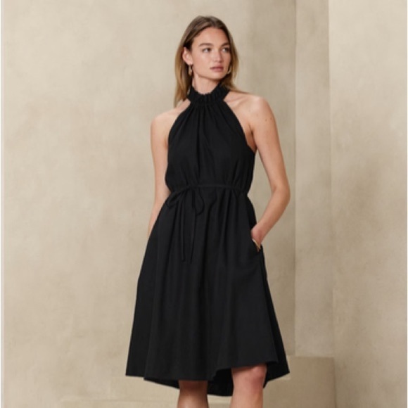 Banana Republic Black Linen Blend Knee Length Dress NWT LP - Picture 1 of 14